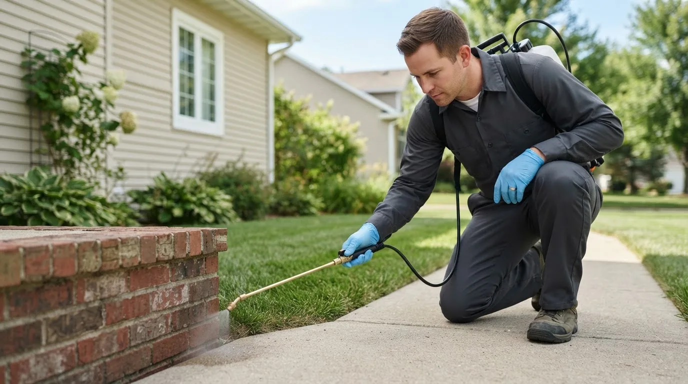 Pest control technician treating a home near Bellevue, IA
