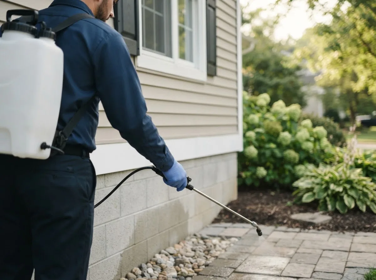 Pest control technician inspecting a home in Bellevue, IA